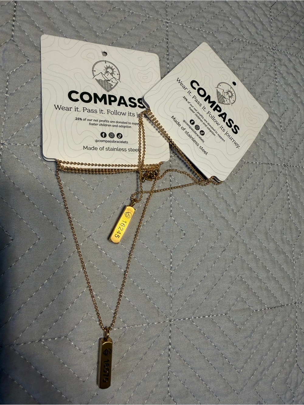 NWT - 2 Compass Gold-Colored Stainless Steel Vertical Bar Necklaces.